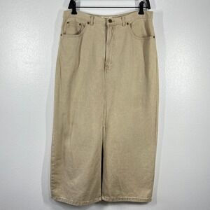 Vtg. Eddie Bauer Denim Skirt Midi Tan Front Slit Pockets Casual‎ Cotton Size 14